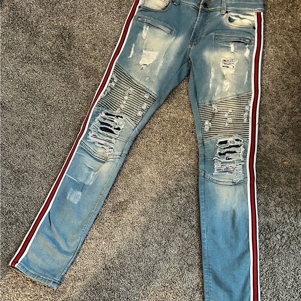 Blue and Red Skinny Jeans with Sporty Stripes